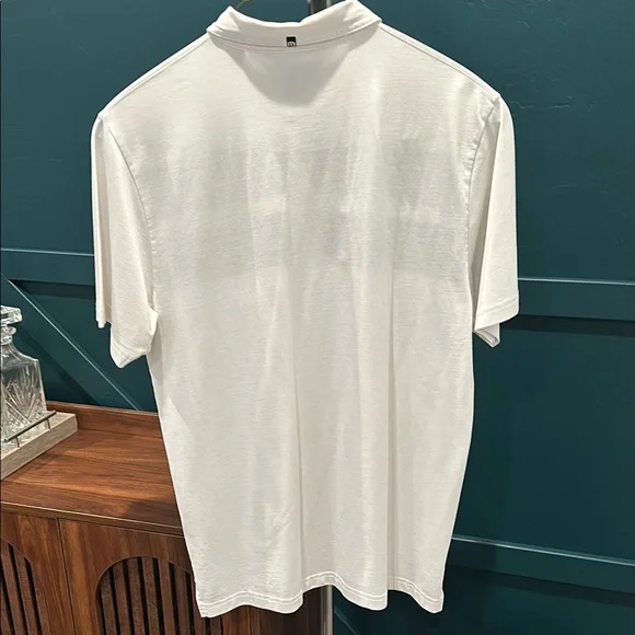 Men's White Travis Mathew Polo Shirt with black and gray stripes. - Picture 5 of 5